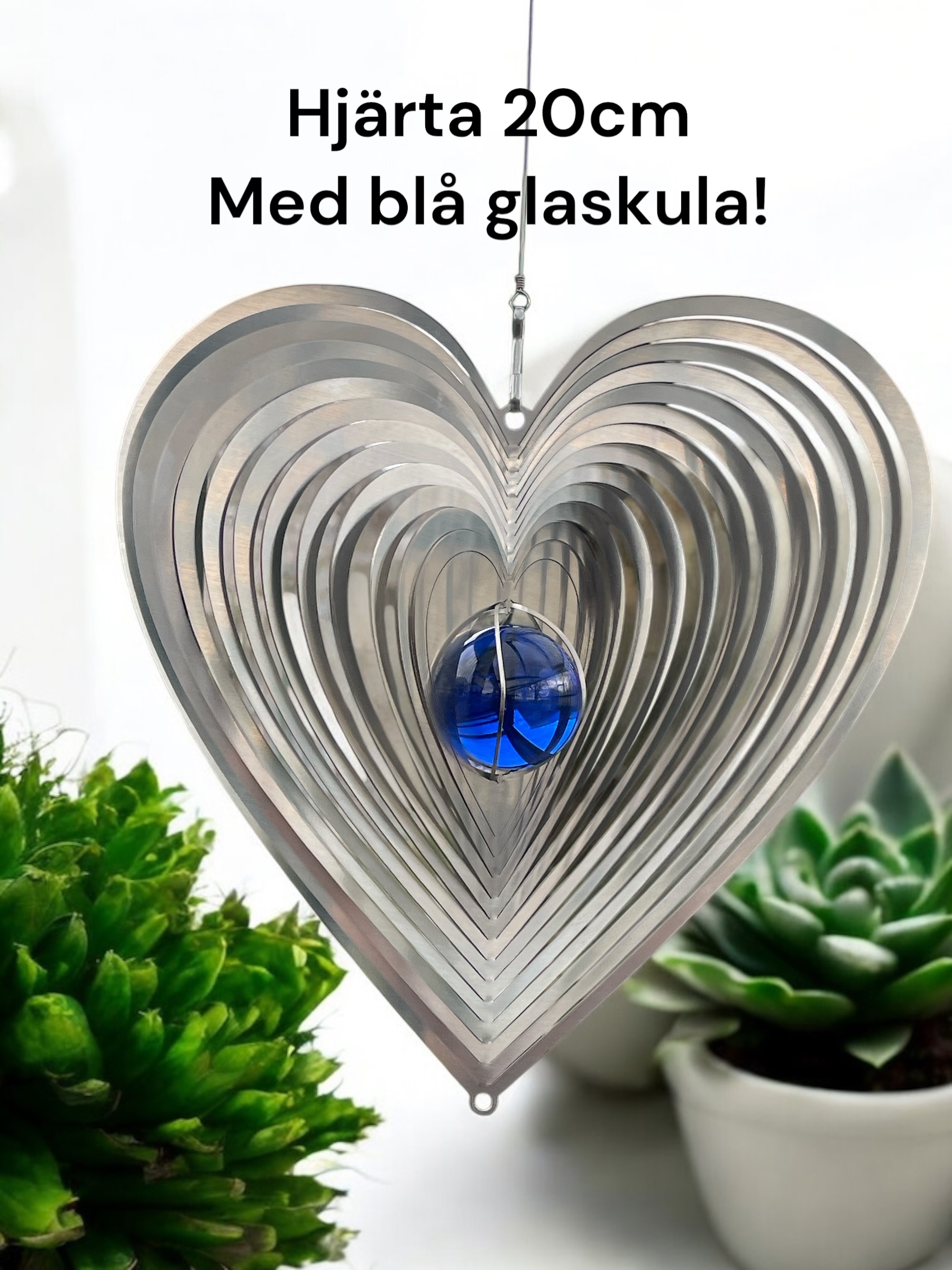 Hjärta 20 cm med blå glaskula – vindsnurra i rostfritt stål